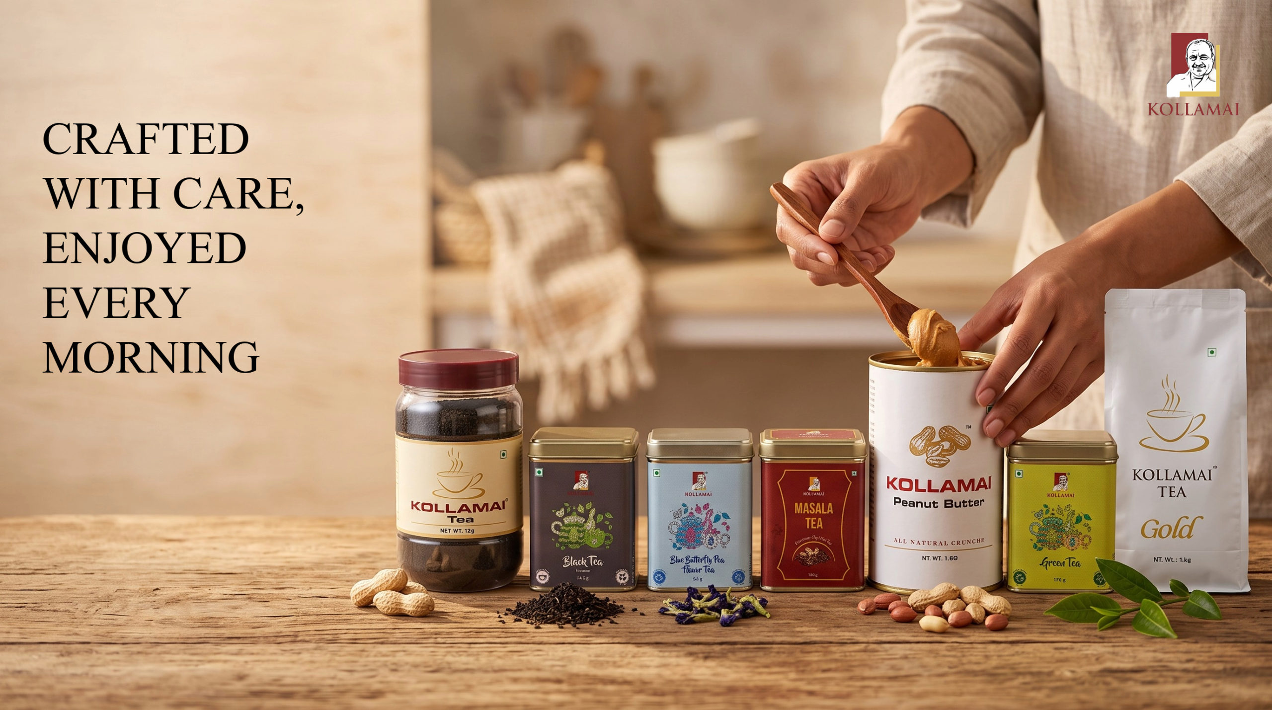 Kollamai tea and peanut butter product lineup on a wooden table, including Black Tea, Blue Butterfly Pea Flower Tea, Masala Tea, Green Tea, Peanut Butter, and Tea Gold